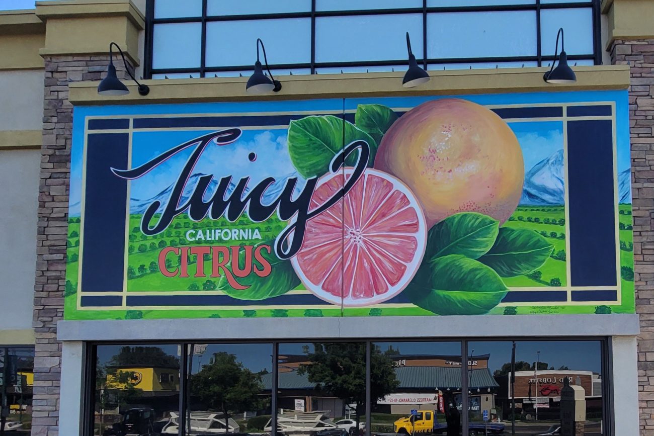 Juicy Citrus mural with grapefruits, farms and mountains, part of a series for Sprouts in Citrus Heights CA. Bay Area Muralist.