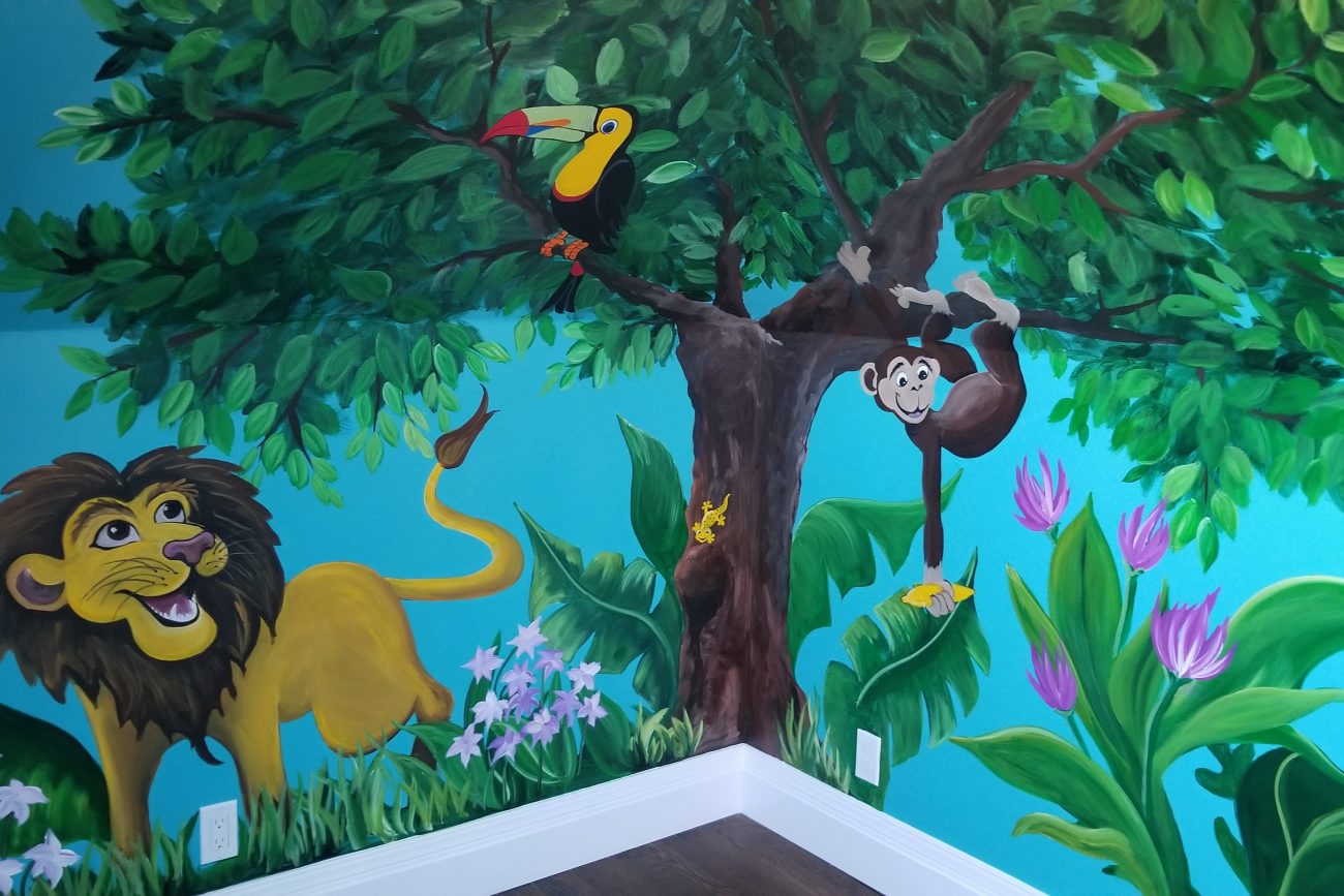 Mural of cartoon animals in a children's playroom