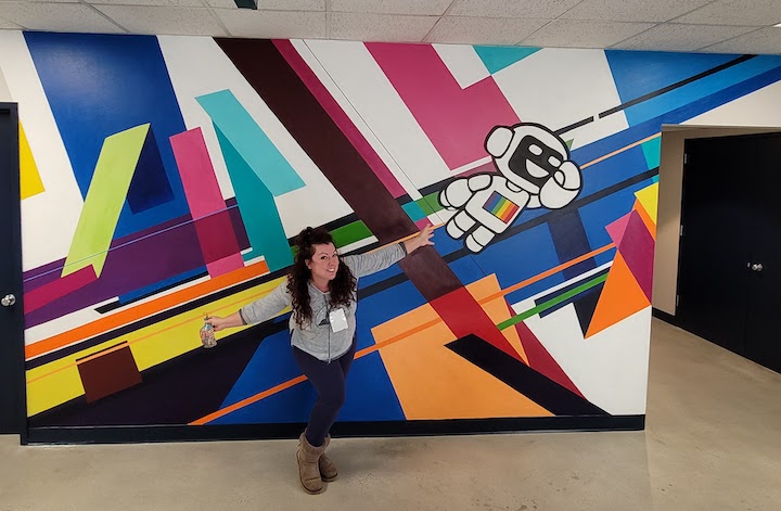 Diffbot in Menlo Park had us create this fun geometric mural at their office with a rainbow robot