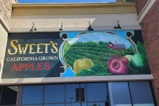 Sweet Apples mural with apples, farm and barn, part of a series for Sprouts in Citrus Heights CA. Bay Area Muralist.