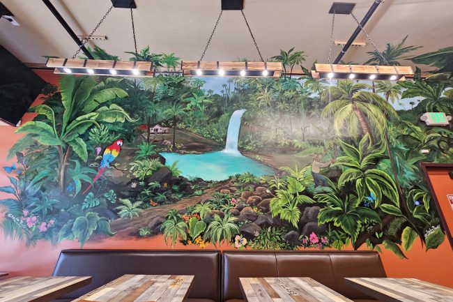 This mural was painted for El Coqui in Santa Rosa, CA, It's designed to be similar place of where the owner was raised in Puerto Rico.