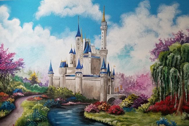 This mural is one of the Disney Castles painted with beautiful flowers and trees